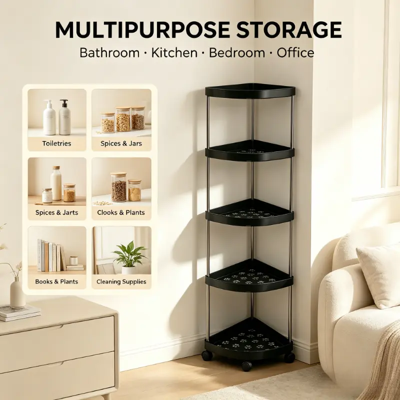 1-Pack Triangle Shape Corner Unit Storage Cart, 5-Tier Space Saver Mobile Organizer with PP+Stainless Steel Rolling Wheels, Black Shelved Rack for Bathroom/Kitchen Supplies