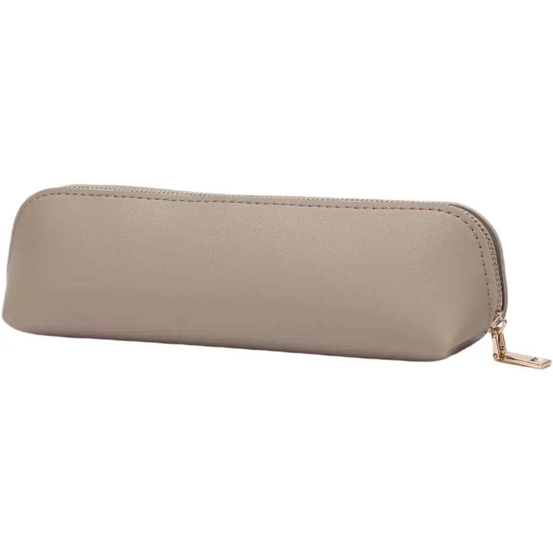Pencil Case Small Pencil Pouch Slim (Khaki, Faux Leather)