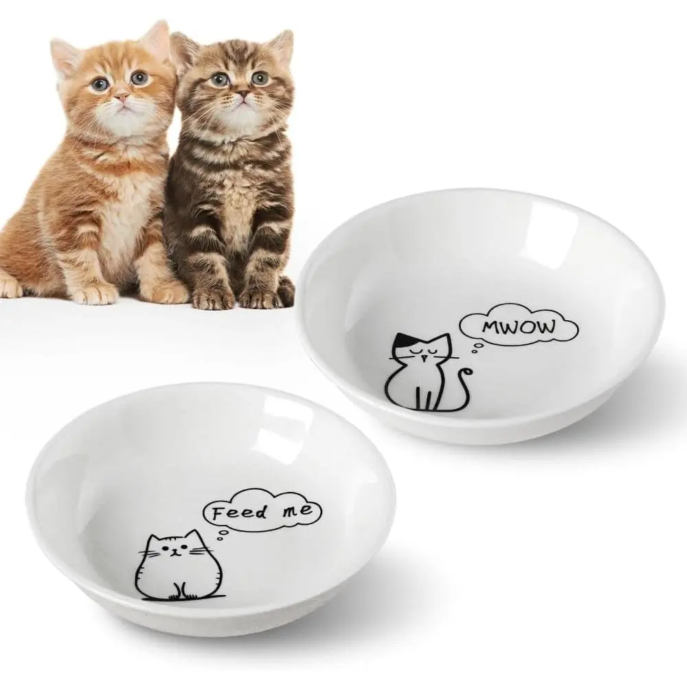 2pcs Little Cat Bowls,5Inch Cat Food Bowl for Indoor Cats,Cute Kittens Plate/Dish/Dishes Set with Non-Slip Relief of Whisker Fatigue for Kitten - Microwave and Dishwasher Safe