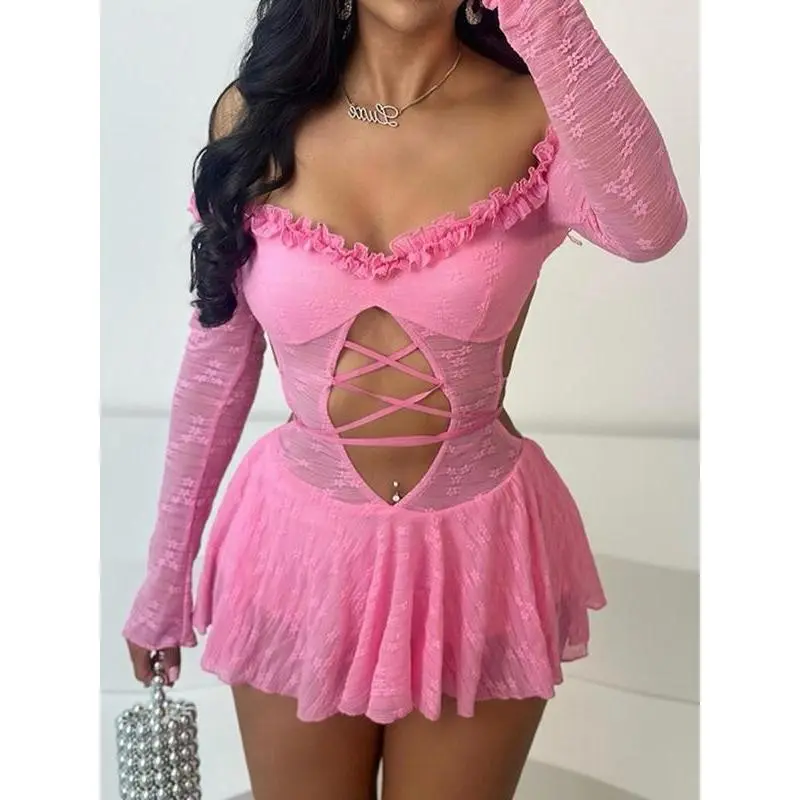Women's Contrast Mesh Sheer Backless Off Shoulder Cut Out Long Sleeve Bodysuit Sexy Fashion Frill Trim Tie Back for Nightclub Music Festival Spring & Fall