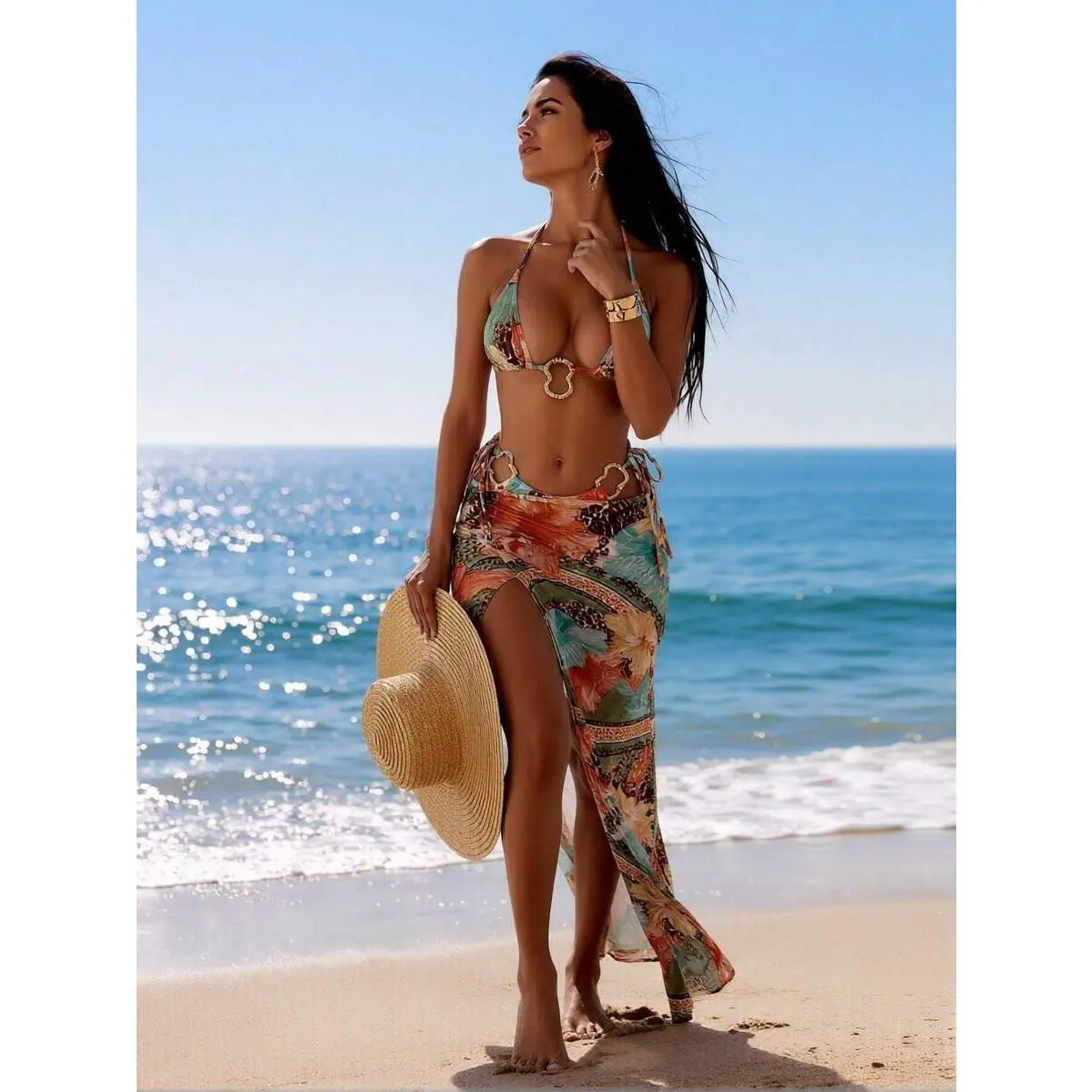 2026 New 3 Piece Bikini Set - Women's Floral Print Swimsuit With Ring Detail & Sheer Skirt
