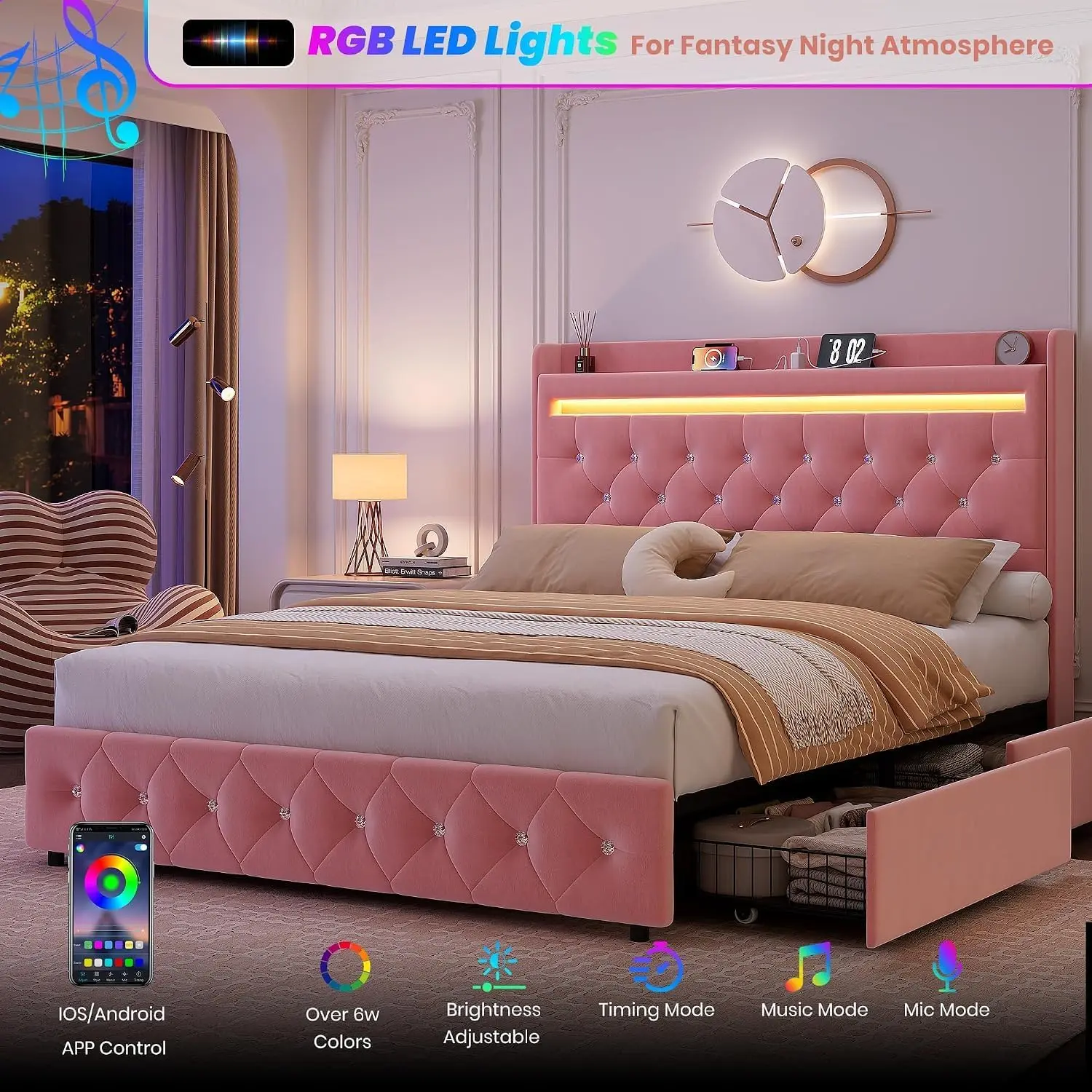 Hosslly Twin/Full Queen Upholstered LED Bed Frame - Storage Headboard, Charging Station, 2 Drawers, Soft Velvet, No Box Spring Needed, Storage Organization, LED Lighting, Apartment-Friendly Pink Furniture
