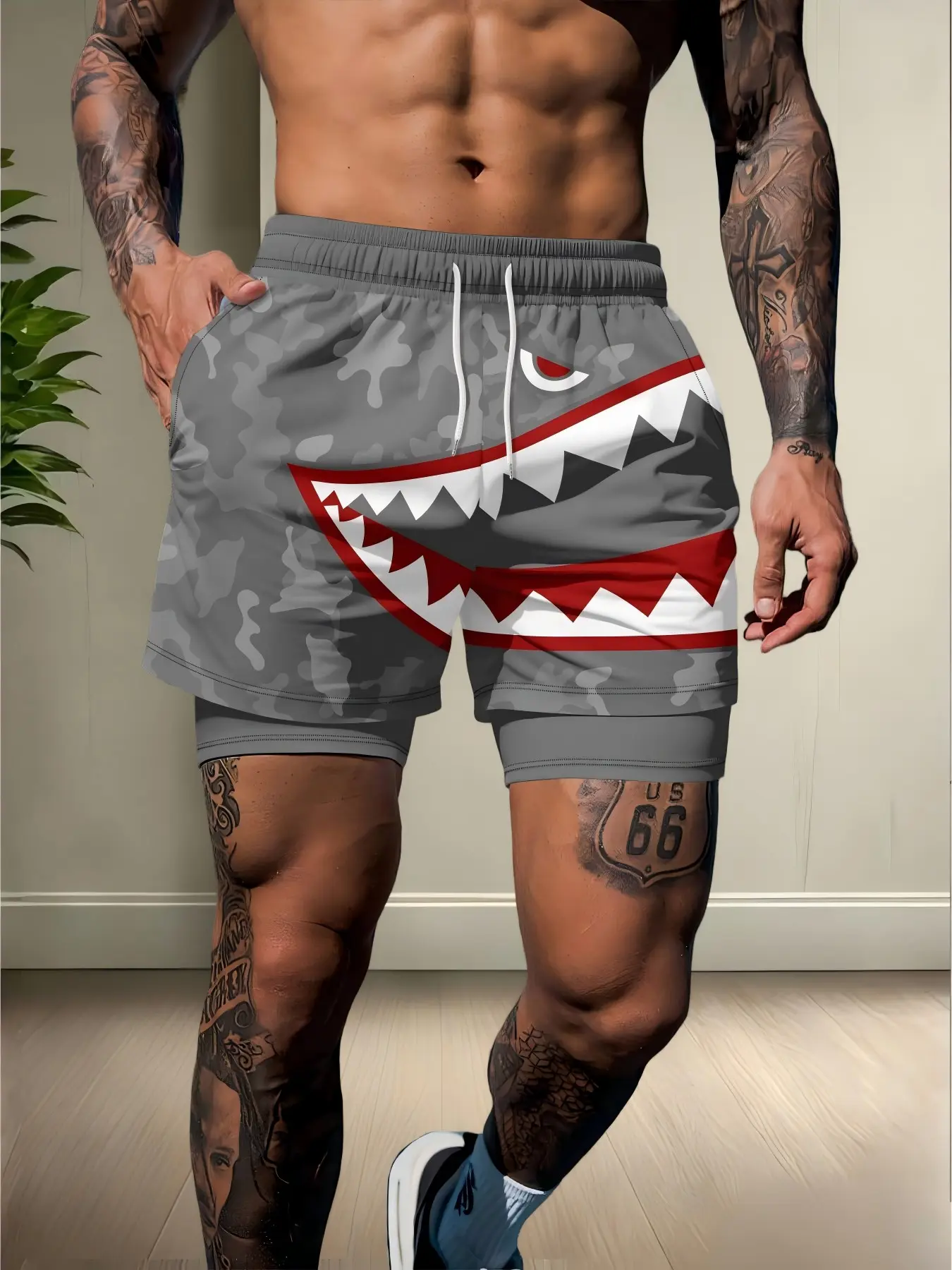 Men's Dual-Layer Lined Sport Shorts, Dark Camo Shark Mouth Print, Casual Slim-Fitting Five-Quarter Pants, All over Print Design, Camouflage Athletic Shorts