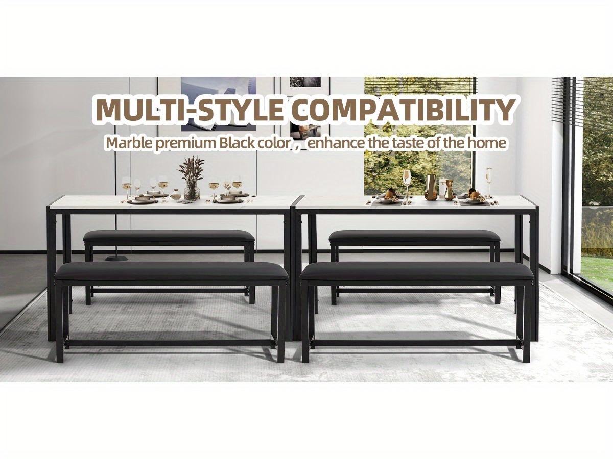 Marble Dining Table Set for 4 with Faux Marble Top and PU Leather Upholstered Benches, 3 Piece Dining Set for Small Spaces, Kitchen Table with Bench, Space-Saving Design