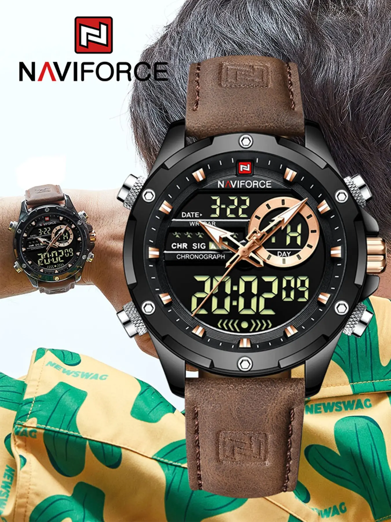 1Set NAVIFORCE NF9208 Dual-Display Men's Watch Tropical Carnival Wind Big Dial Luminous Waterproof Sports Watch Retro Men's Outdoor Watch Analogue Quartz Watch