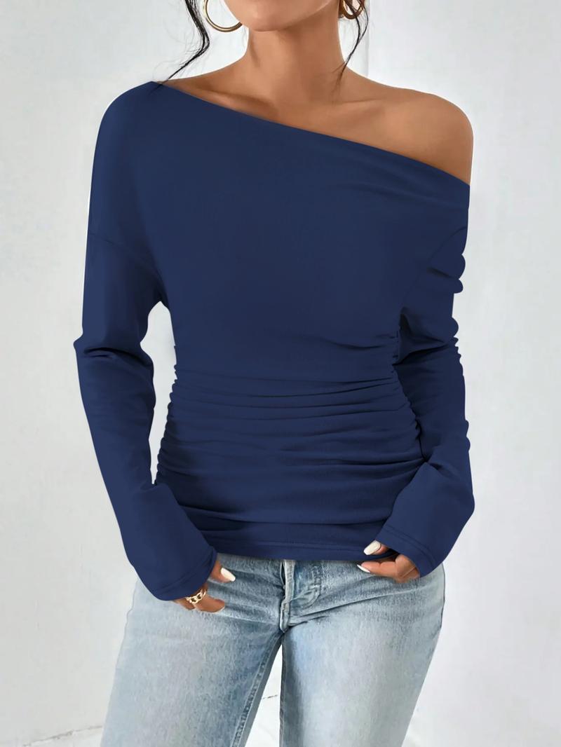 Women's Plain Ruched Asymmetrical Neck Tee, Casual Fashion Soft Drop Shoulder Long Sleeve T-shirt for Spring & Fall, Women's Top for Dating Daily Wear