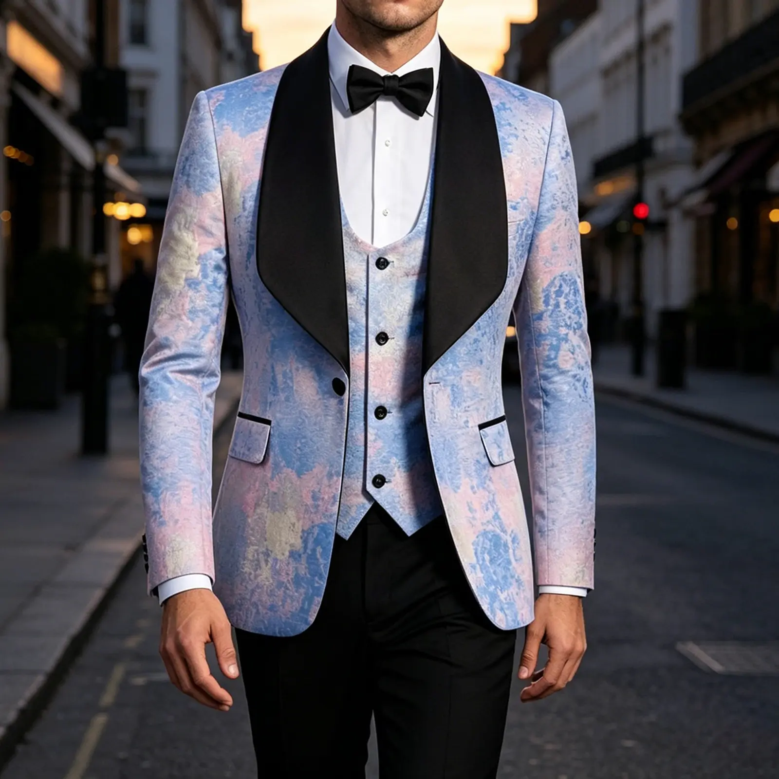 Pastel Tie Dye Mens Three Piece Tuxedo Set Gradient Printed Blazer Waistcoat Black Pants Fashion Formal Suit for Groom Photoshoot Evening Party