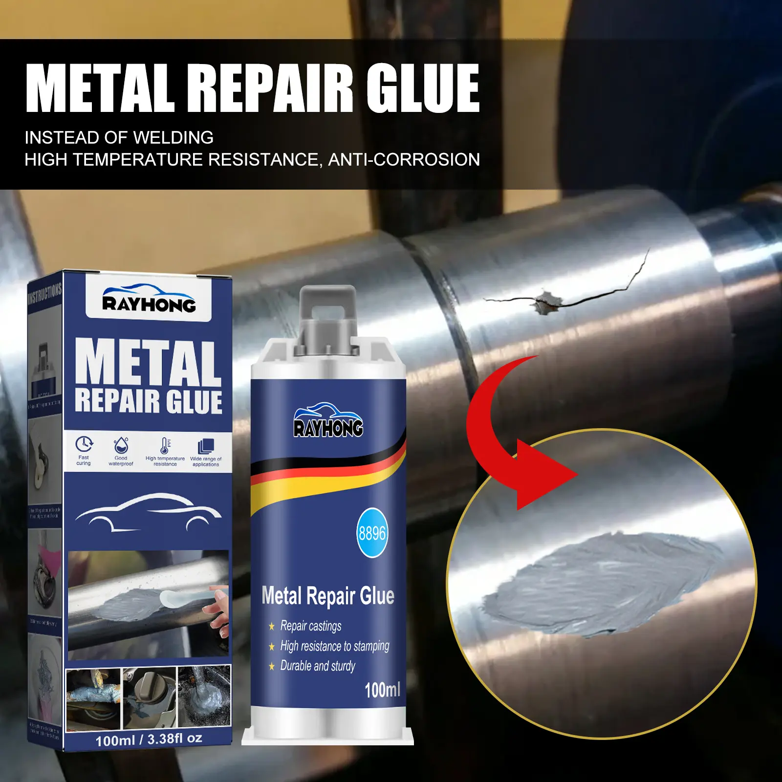 RAYHONG 100ml Metal Repair Paste 3.52 fl oz Single Unit, High-Temperature Resistant Industrial Welding Glue, Strong Adhesive Liquid Metal Filler for Casting Defects, Pipes and Auto Parts