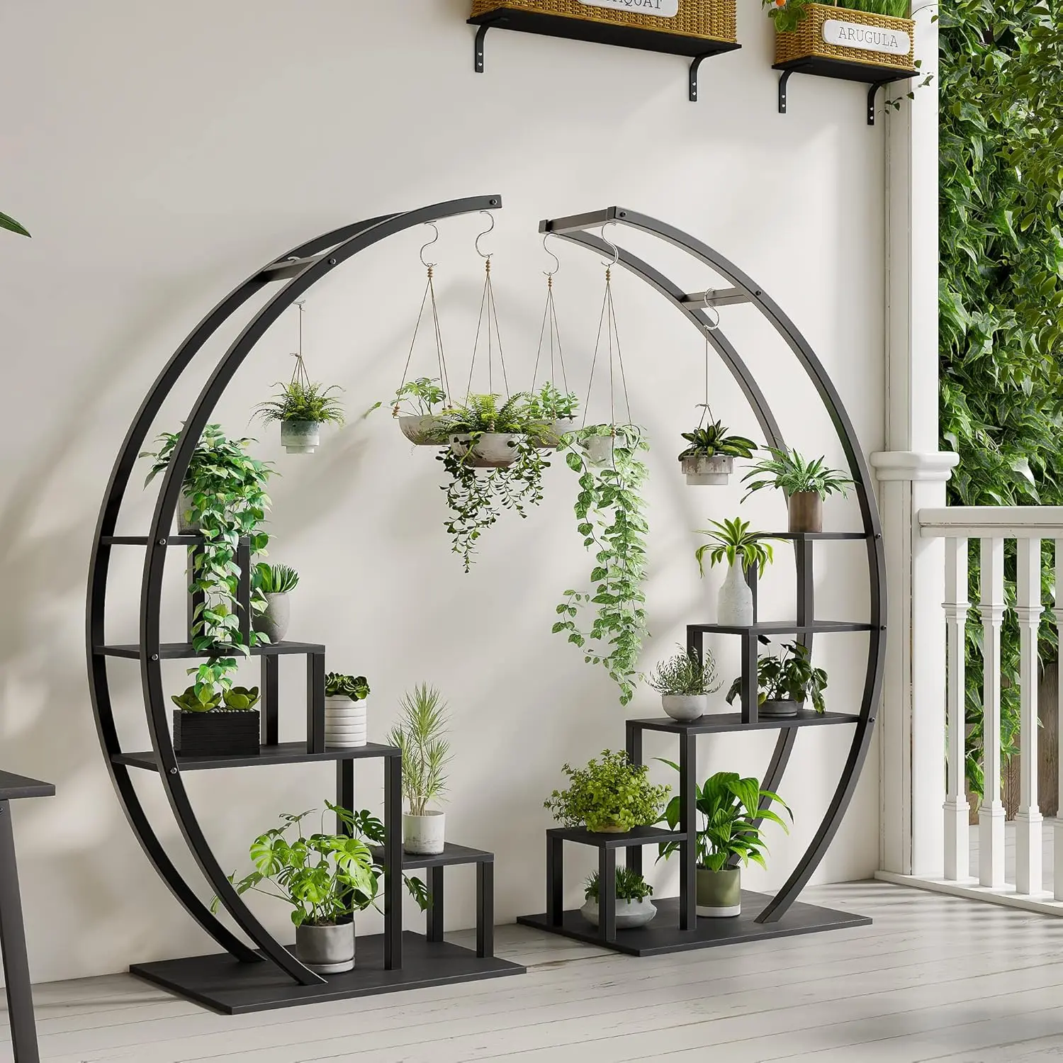 Garvee 5-Tier Metal Plant Stand Set of 2 – Half Moon Corner Flower Rack with Hanging Hooks, Space-Saving Multi-Level Display Shelf for Large Planters, Indoor Outdoor Patio, Balcony, Garden, Living Room