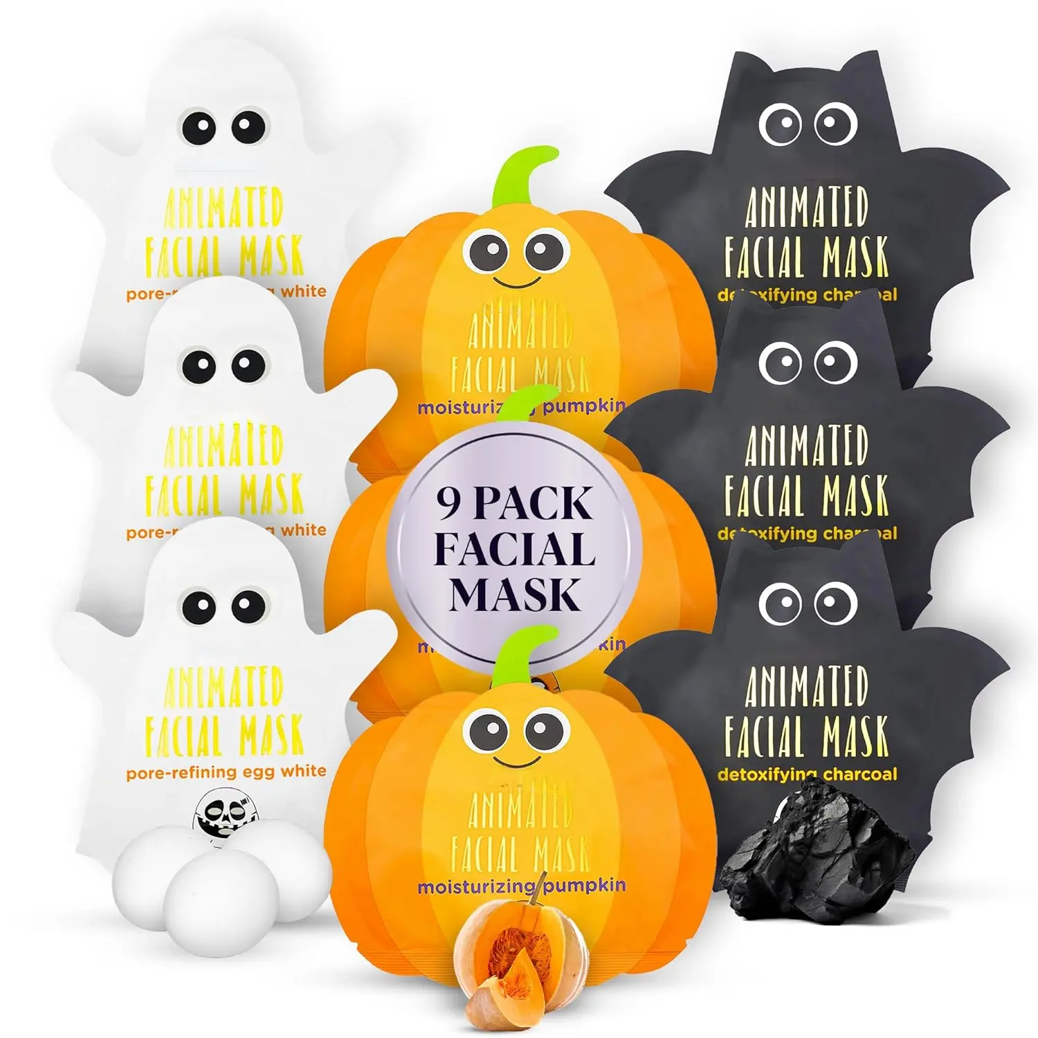 Baby & Maternity Halloween Character Sheet Mask Bundle - Pumpkin, Ghost, Bat Designs - Moisturizing Skin Care Pack for Women - Spa Beauty Accessory