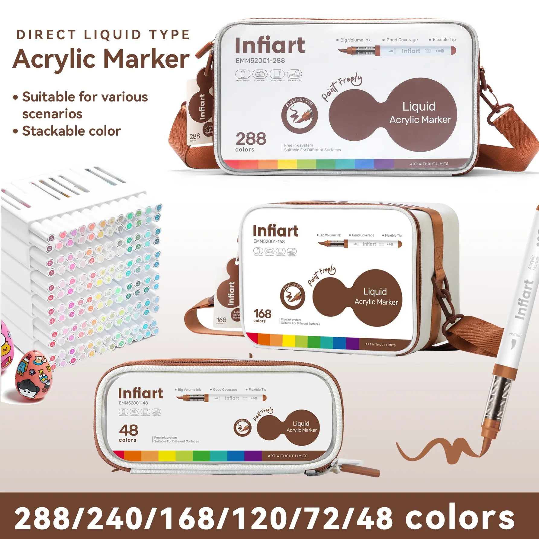 Grasp Infiart Acrylic Markers, 288/240/168/120/72/48 Colors, Waterproof, Scratch-Resistant, Ideal for Beginners & Adults, Professional Quality, Stationery Supplies