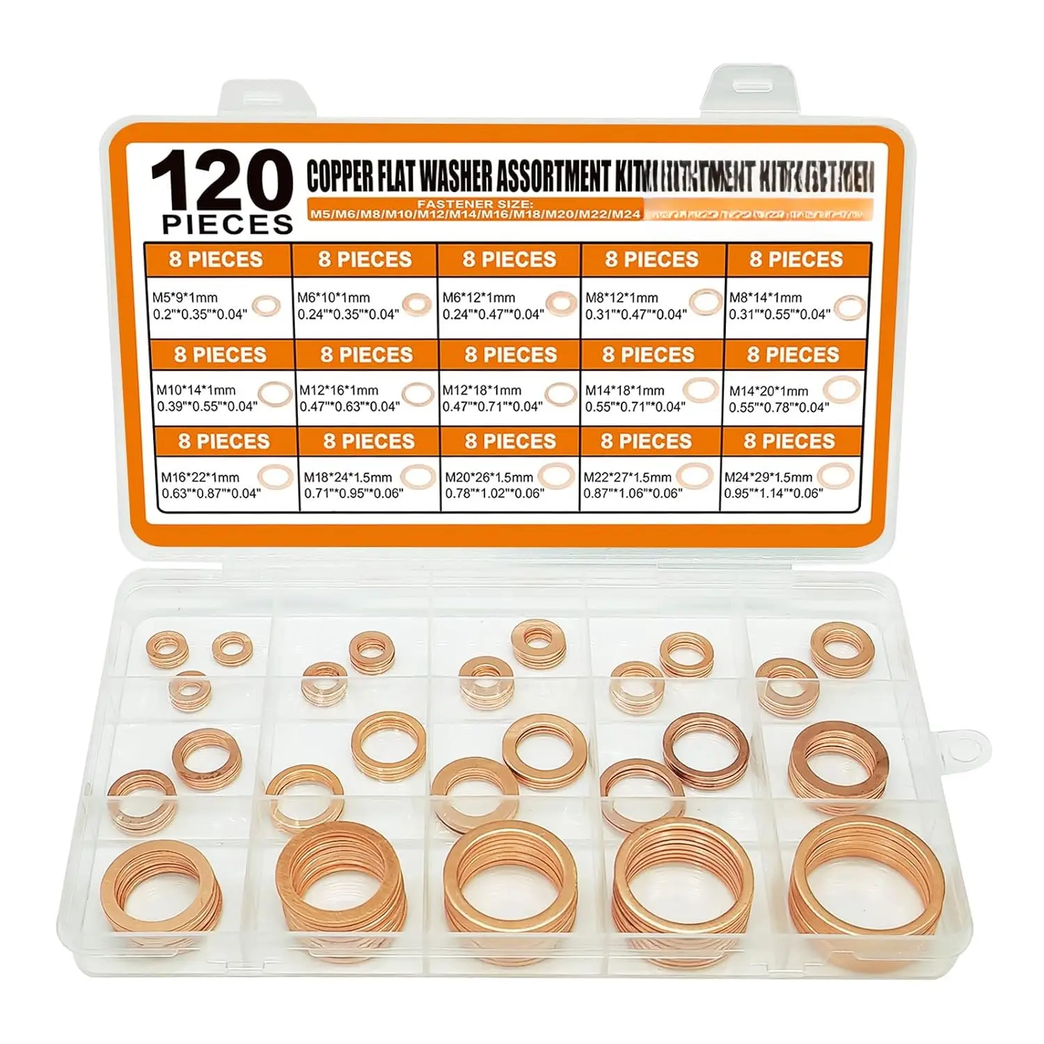 120 count Copper Washers  Kit, Crush Flat Washers, Copper Sealing Washer Set for Automotive and Mechanical Use; 15 Sizes (M5- M24)