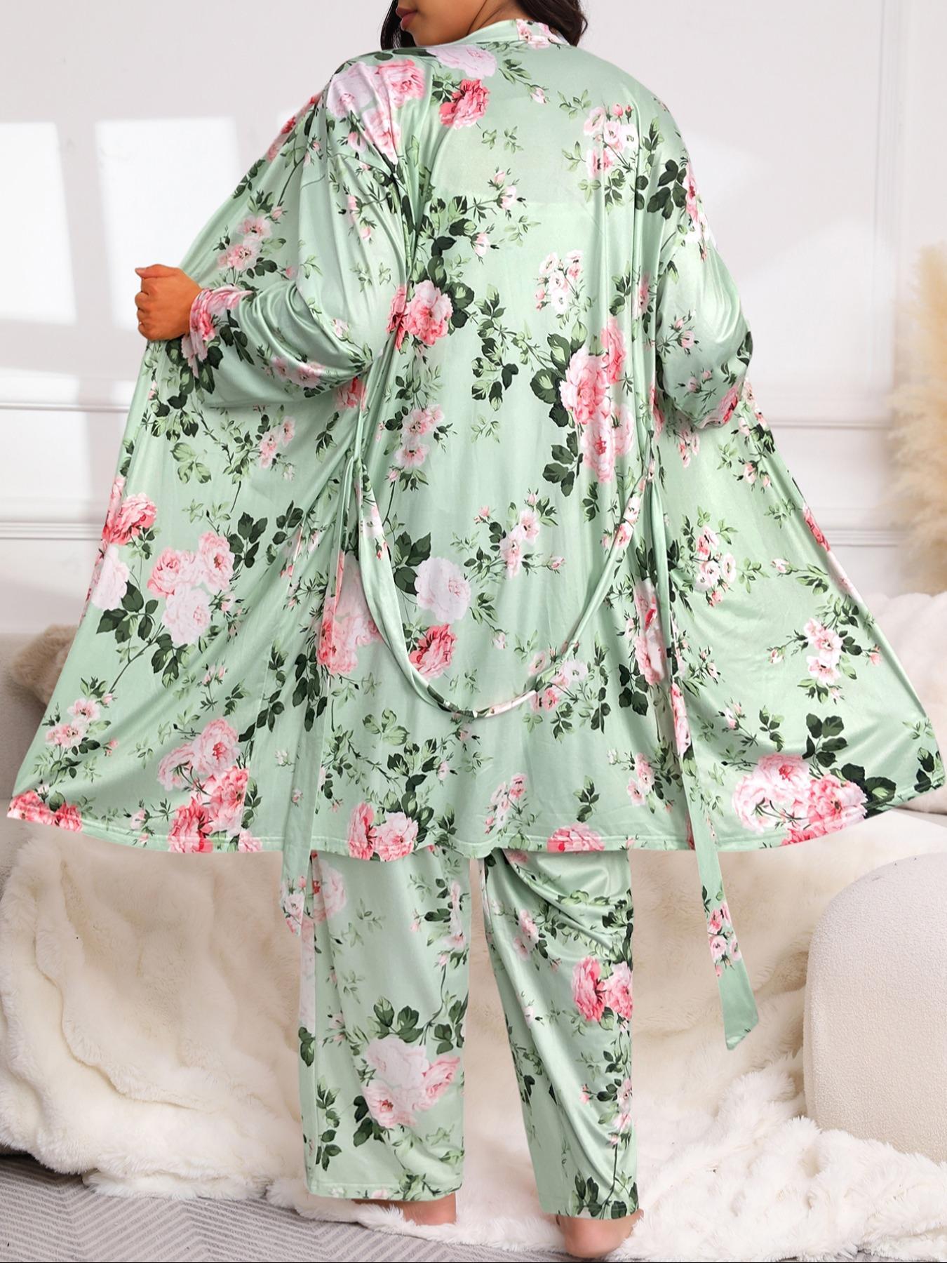 【Plus Size】 Floral Print Belted Dressing Gown & Cami Top & Pants Pajama Set, Elegant Comfy Loungewear Set, Women's Sleepwear for All Seasons