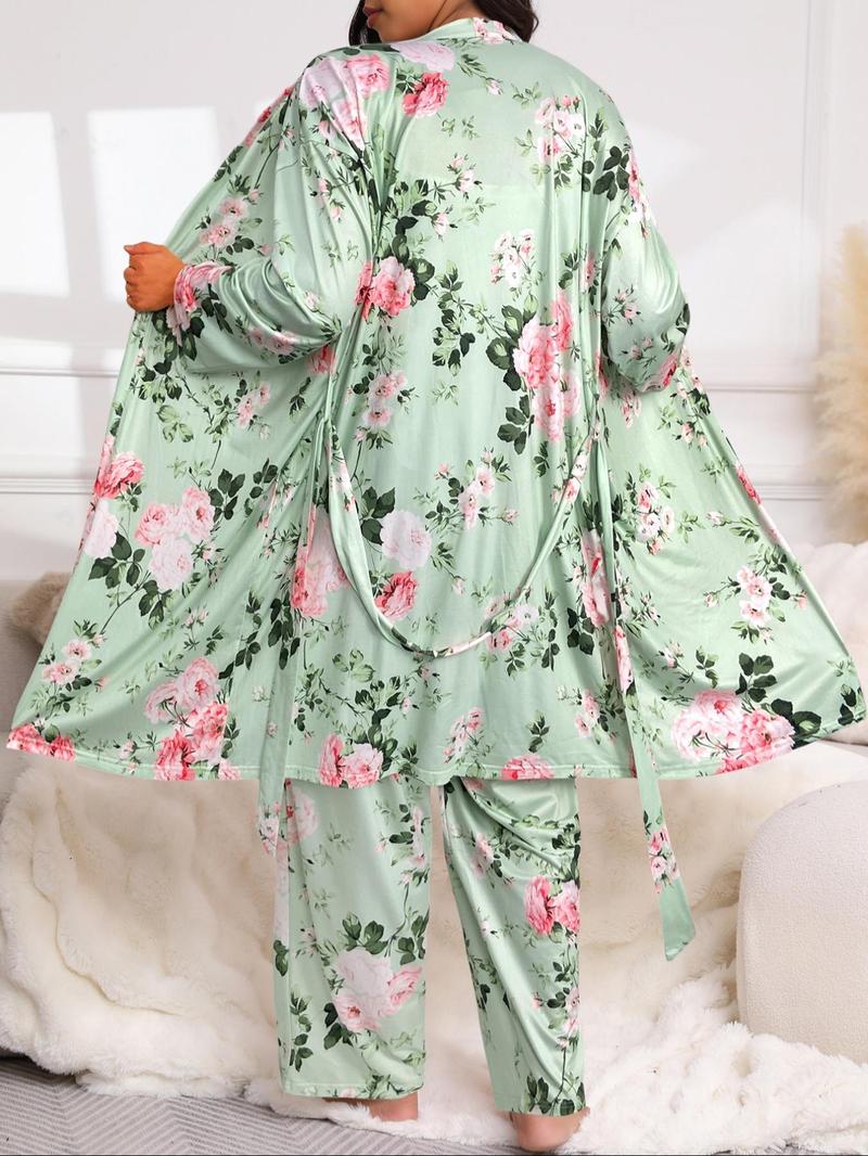 【Plus Size】 Floral Print Belted Dressing Gown & Cami Top & Pants Pajama Set, Elegant Comfy Loungewear Set, Women's Sleepwear for All Seasons