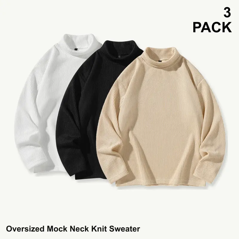 Men's Oversized Mock Neck Ribbed Knit Pullover Sweater, 3-Pack Mixed Assorted Solid Colors, Everyday Multipack, Long Sleeve Textured Top, Sizes S-XXL, Group 1