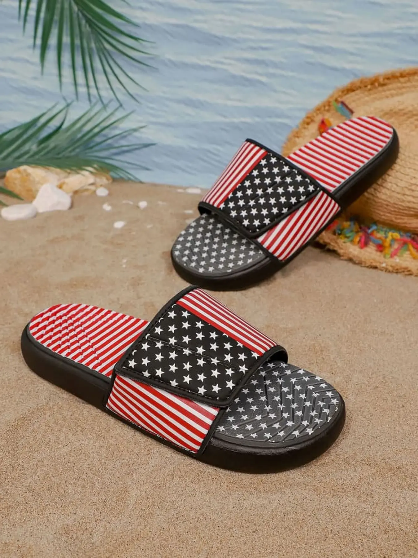 Men trendy vintage star stripe slides with adjustable velcro, one-piece anti-slip lightweight sole for beach home daily use