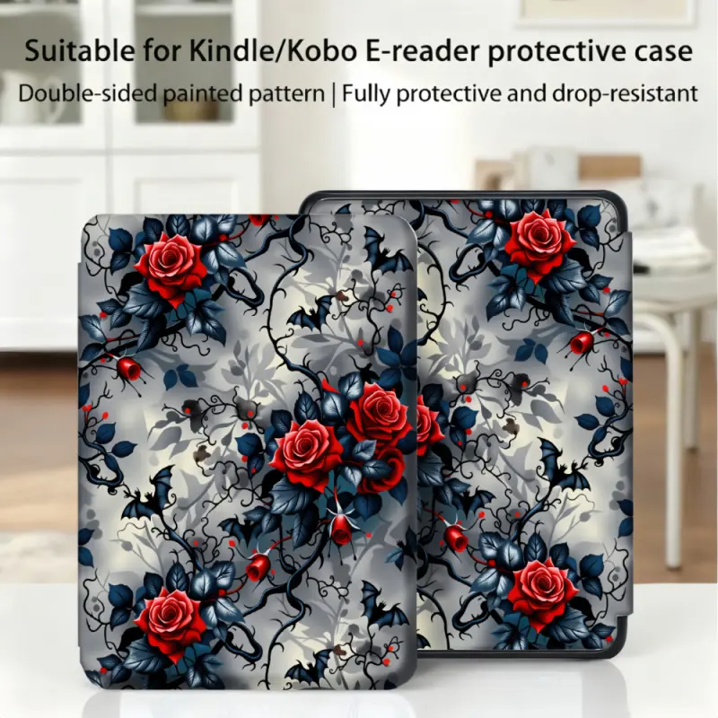 for Kindle, Kobo, Tolino Case, Tablet Casing, Red Roses And Bats Pattern for New Kindle 11Th 2019, Kindle 11th (2022/2024) Case, 6-Inch, 7-Inch Kindle Paperwhite 12Th Generation 2024 Vision Color (2024), Vision 6 (2021)