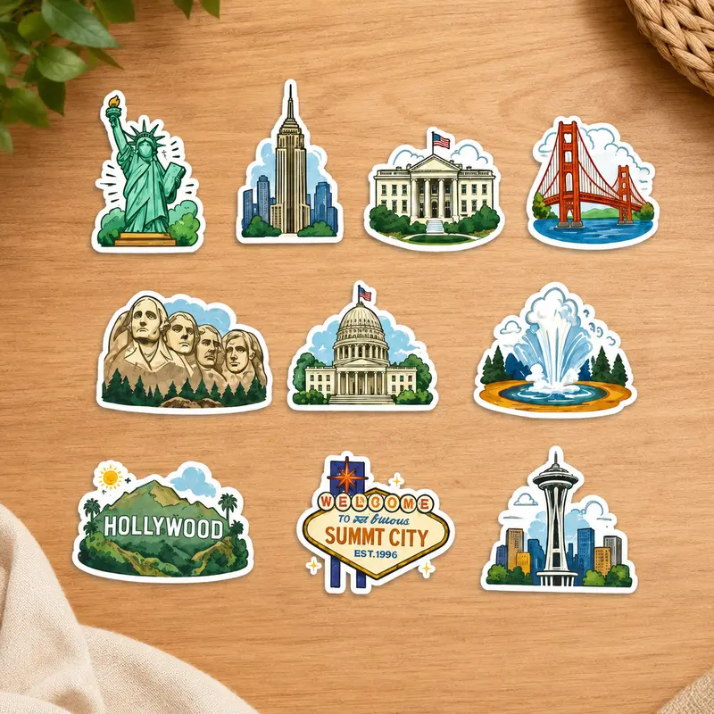 Reflective American Landmark Fun Stickers - Unisex Travel-Size Sticker Collage Pack for Sports & Outdoor Use, Including Statue of Liberty, Golden Gate Bridge, Hollywood, Yellowstone Designs