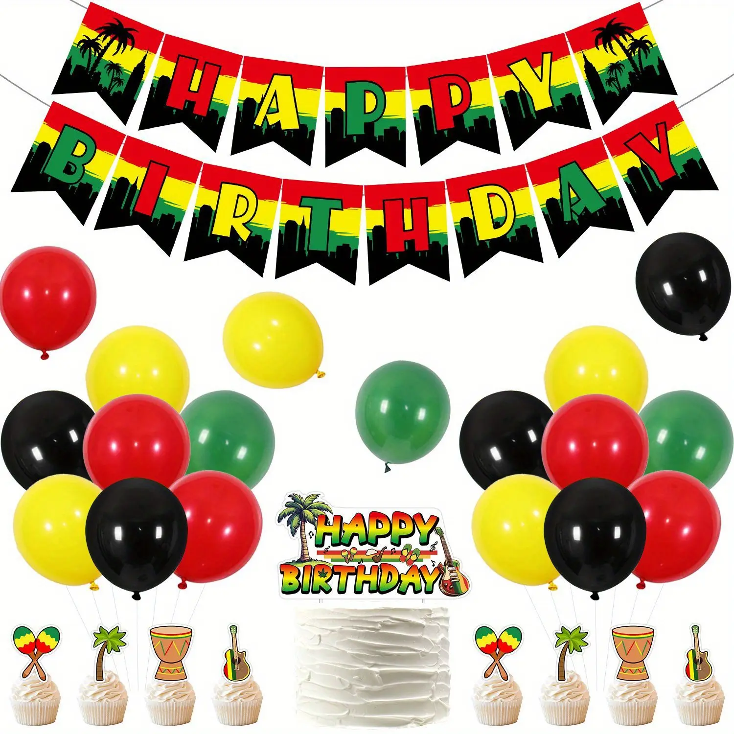 1Set Jamaican Rastafari Reggae Themed Birthday Party Decorations Kit - Happy Birthday Banner, Palm Tree Cake & Cupcake Toppers, Festive Party Supplies