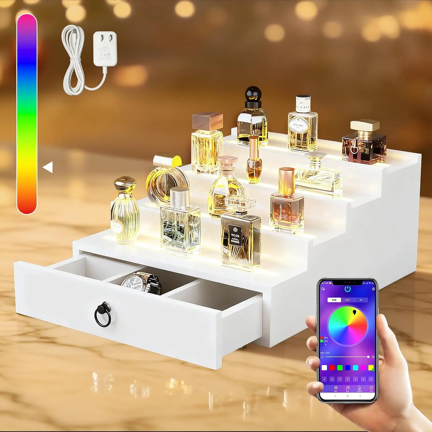 RGB LED Lighting Perfume & Cologne Organizer for Men with APP Control,  Beat Sync LED, Cologne Stand Shelf, 4-Tier Black , Ideal  for Men,Includes 12V Power Adapter for  Use (white LED)