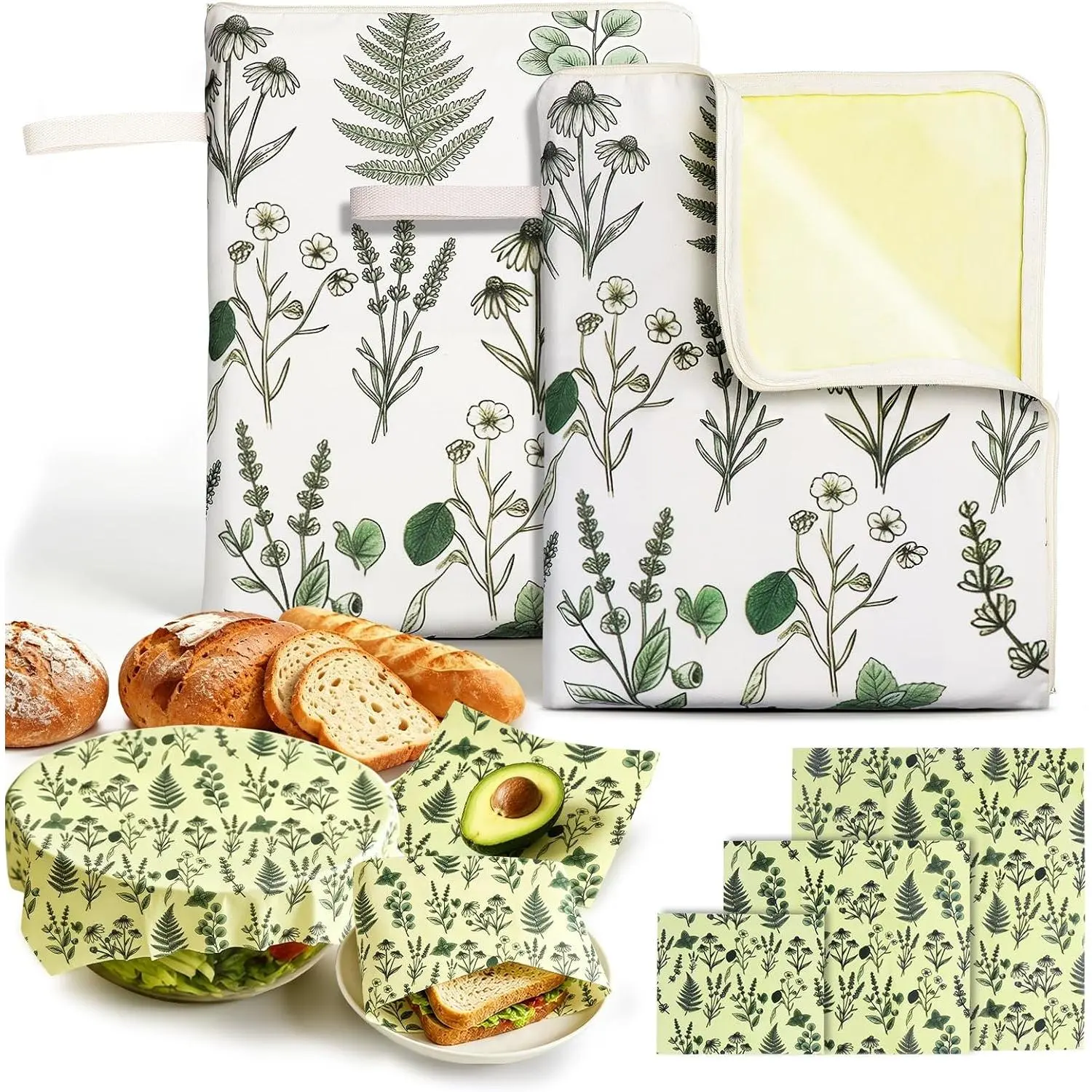 Beeswax Bread Bags & Wraps Set - 2 XL Sourdough Bags (17“x13") with Wide Zipper & Handle - 3 Beeswax Wraps for , Cheese, Fruit, Veggie - Breathable Bread Storage, 5 Pack