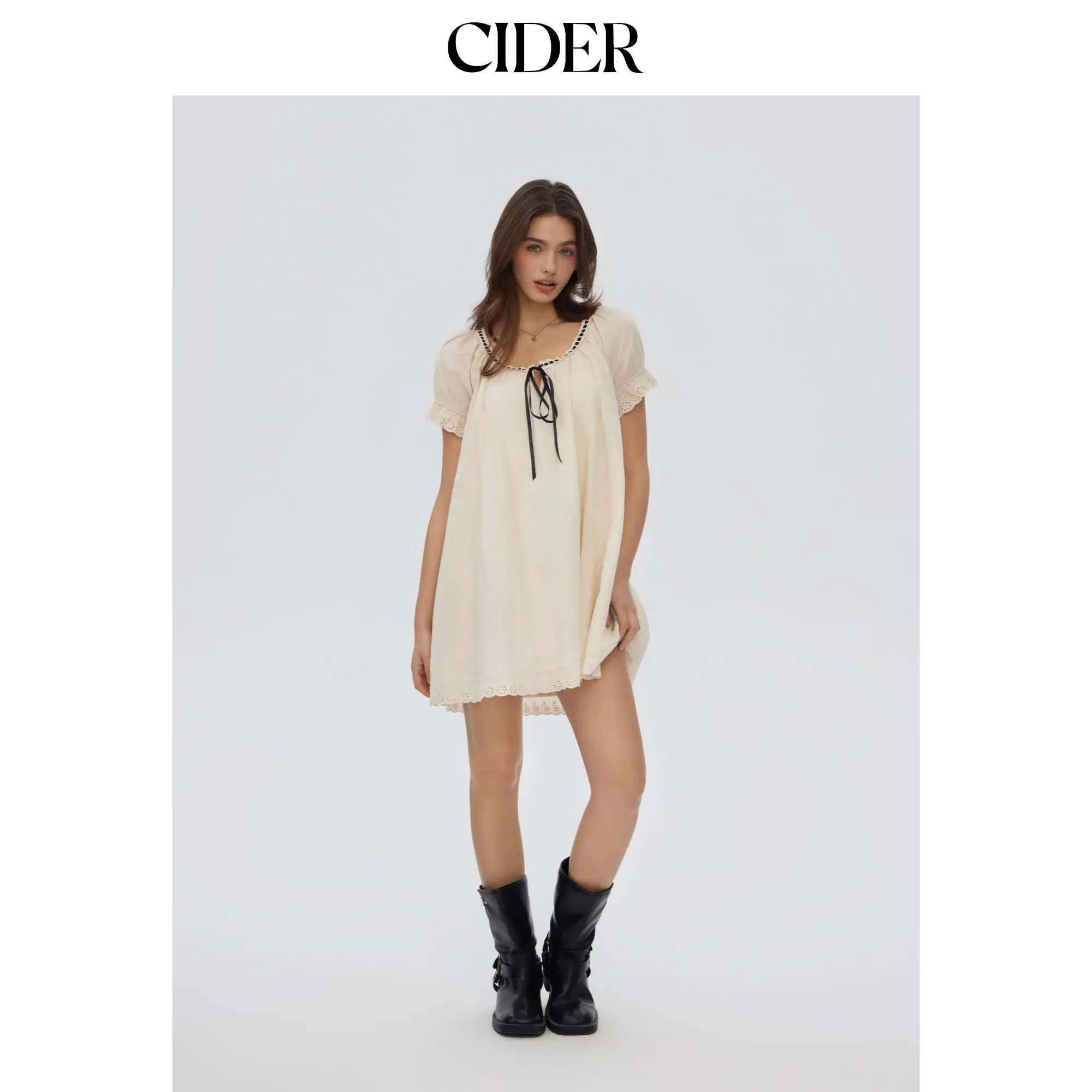 Cider Puff Sleeve Twist Knotted Scoop Neck Smock Mini Dress SummerFinds