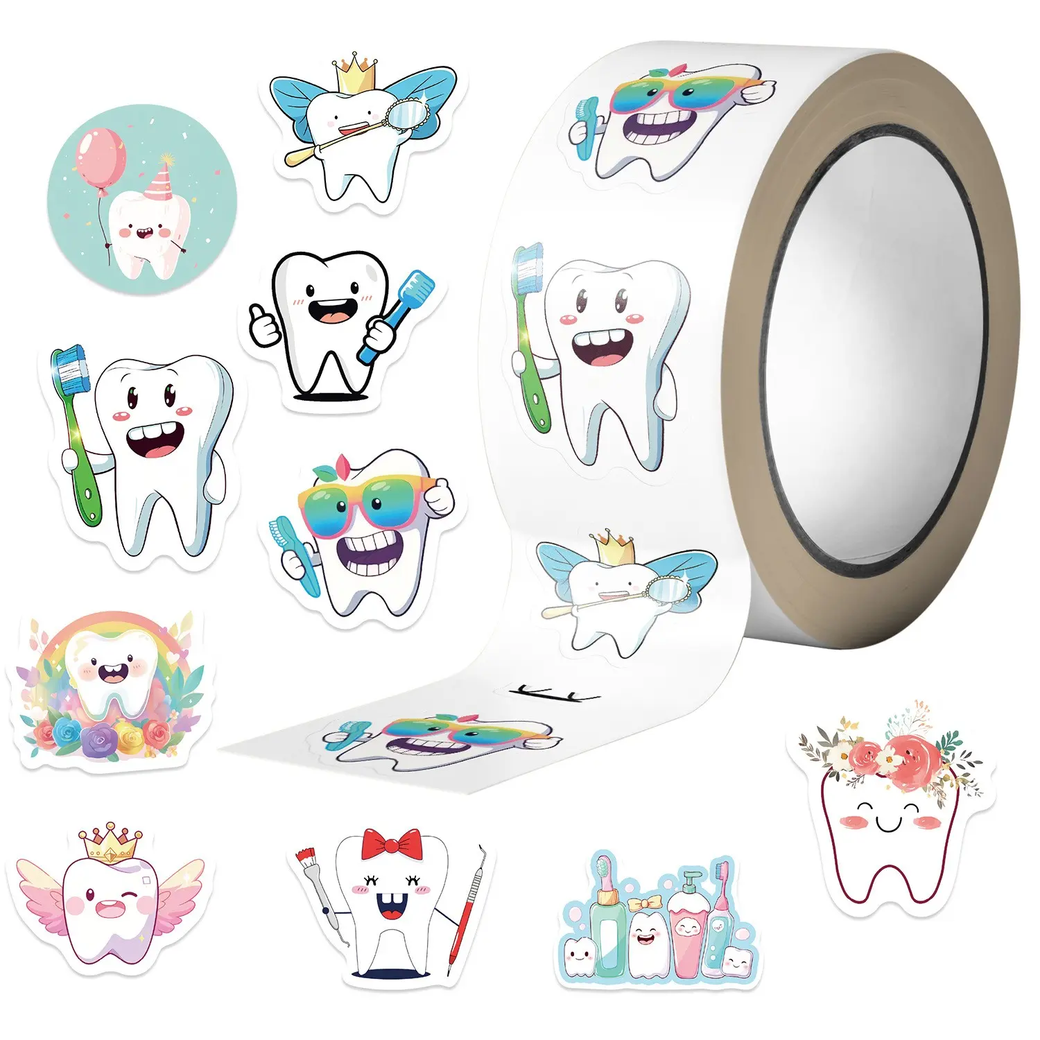 Dental Themed Sticker (500pcs/roll), Round Cute Tooth Pattern Reward Decals, Dental Prizes for Children, Craft Supplies for Dentist Schools Teachers Clinics