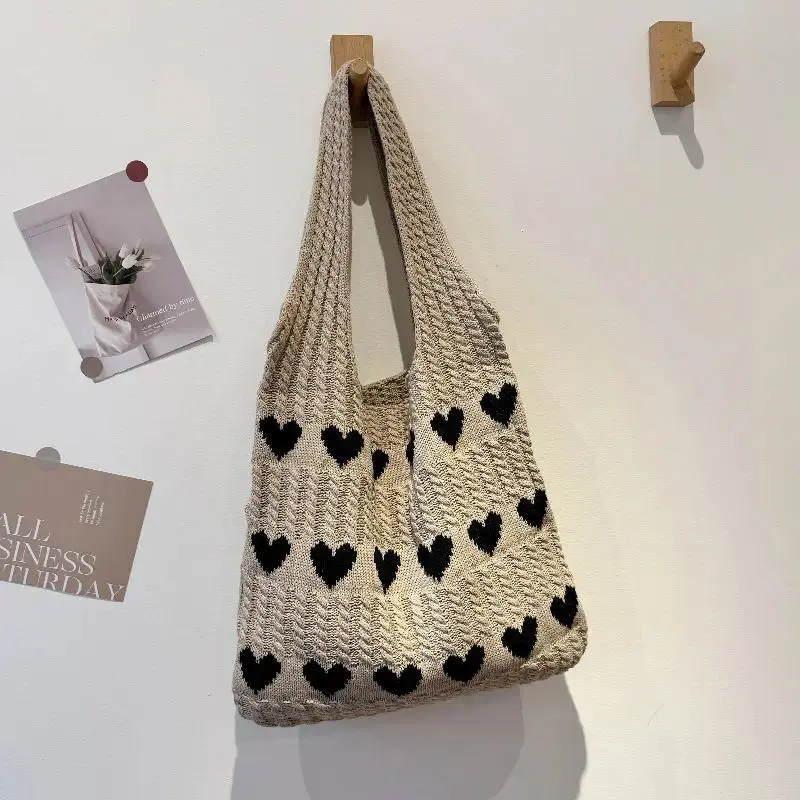 Crochet Heart Tote Bag for Women, Stylish Knitted Nylon Textured Shoulder Bag with Lightweight Durable Design, Fashion Shopping Tote for Gym, Outdoor Activities, Travel, Daily Commute & Casual Outfits tiktokshopbacktoschool