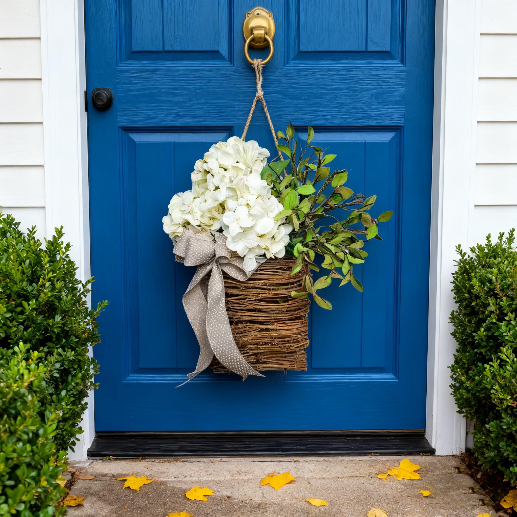 14" Cream Hydrangea Door Basket Wreath - Modern Farmhouse Floral Hanger for Front Door, Porch & Spring/Summer Aesthetic Home Decor Artificial Flower Bouquet Artificial Plants