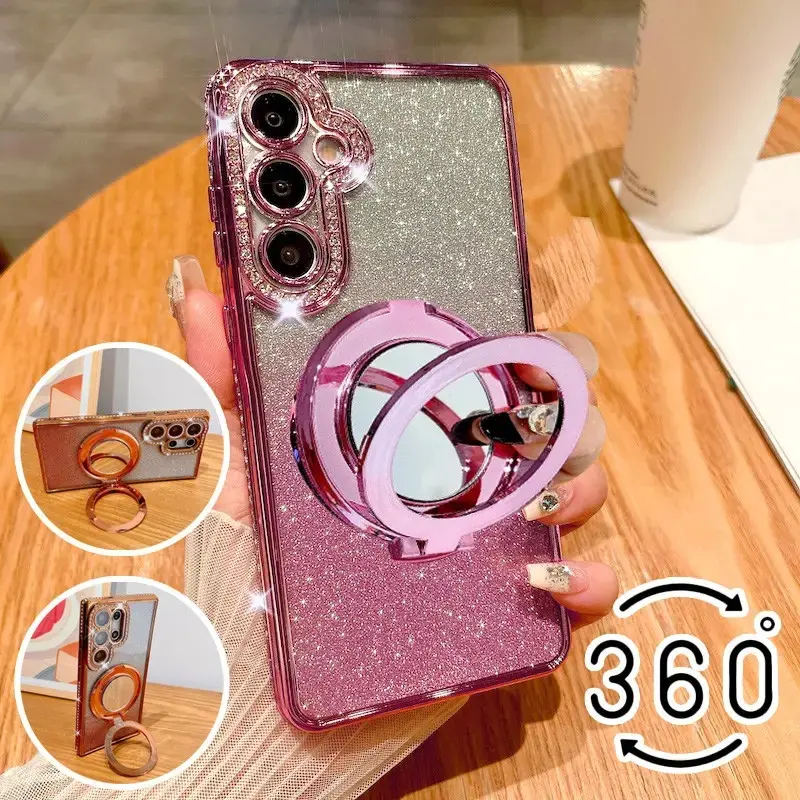 Samsung Protective Case Cover for Smartphone A07 A17 A37 A57 A06 A16 A26 A36 A56 A14 A34 A54 A15 A25 A24 A35 A55 A05s 5g, 360 Rotating Mirror Ring Holder, Glitter Wireless Charging