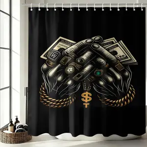 Hip Hop Praying Hands Dollar Sign Shower Curtain, Gold Chain Ring Cash Money Vintage Tattoo Black Background Urban Streetwear Bathroom Decor, Cool Rap Men Teen Shower Curtains with Hooks 72X72Inch