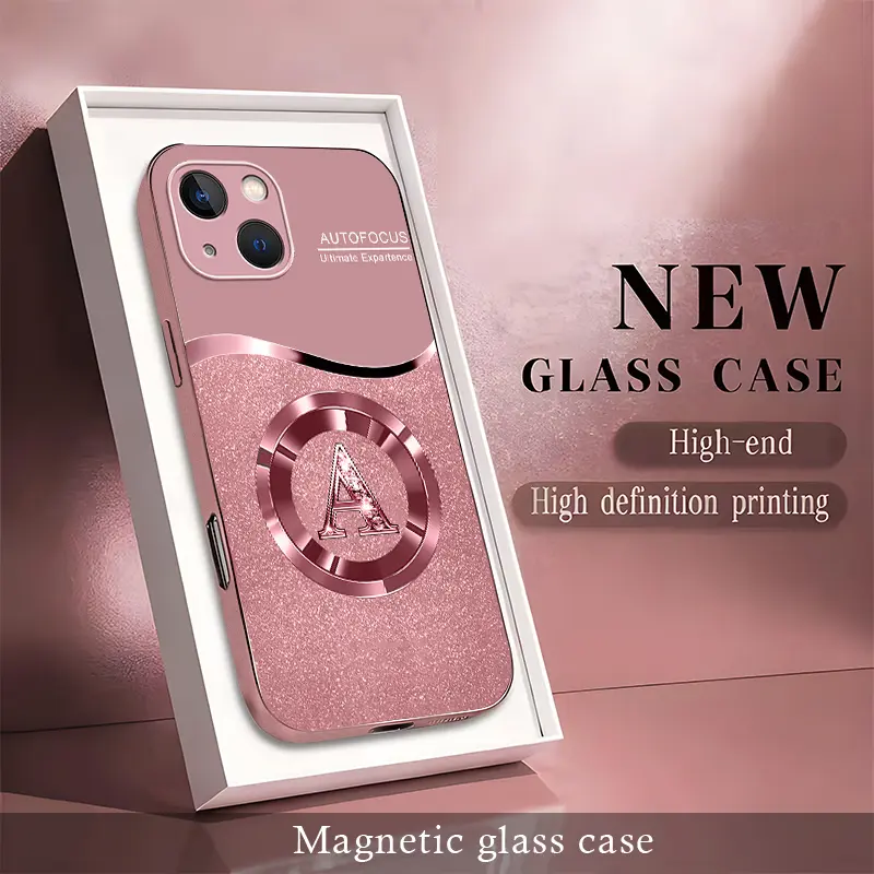 Personalized Initial Letter Rhinestone Magnetic Case for iPhone 13, Luxury Glitter Glass Cover with Lanyard Wrist Strap  ----975