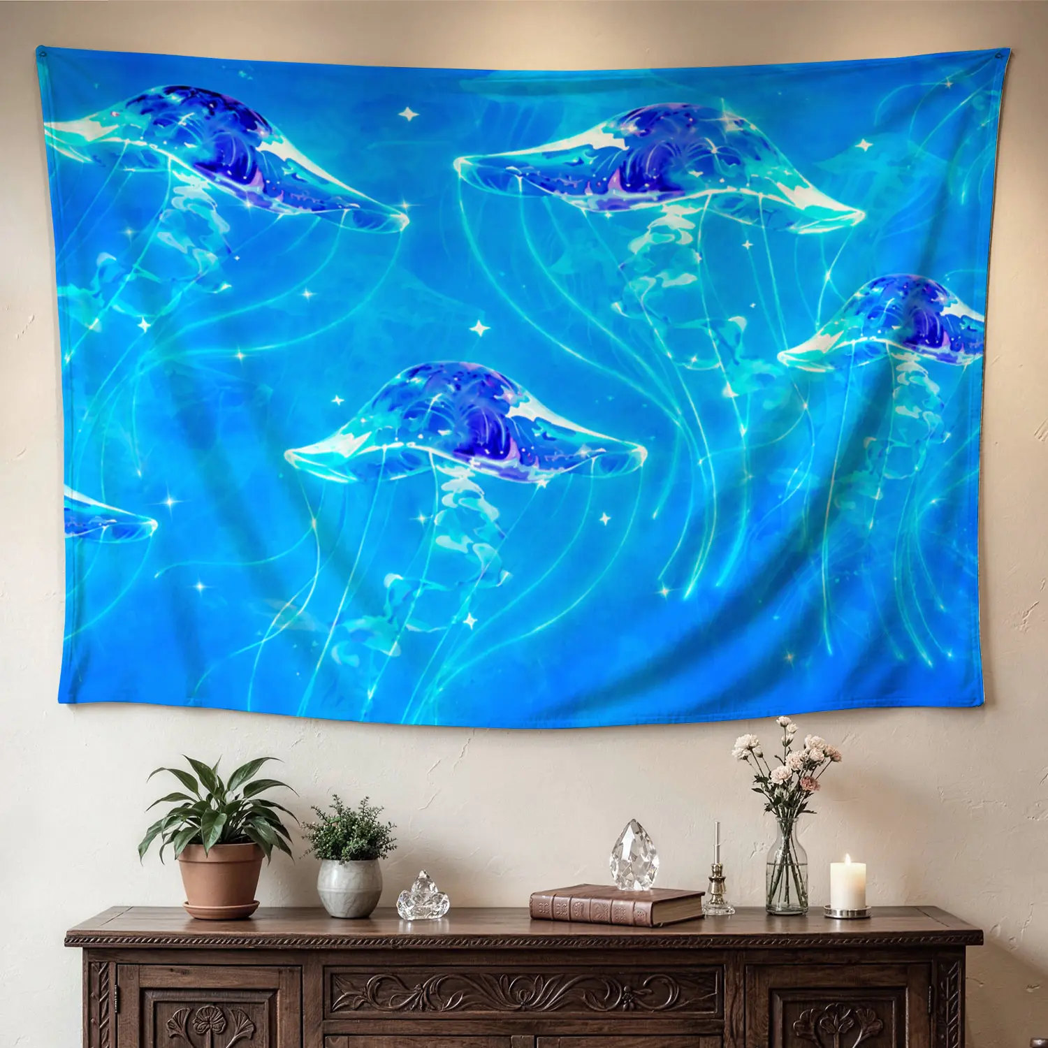 Glowing Neon Jellyfish Ocean Life Wall Tapestry - Large Polyester Colorfast Wall Hanging Decor, Artwork for Bedroom Room Decor, No-Installation Indoor-Outdoor Gift Idea for Family, Hippie Vibe