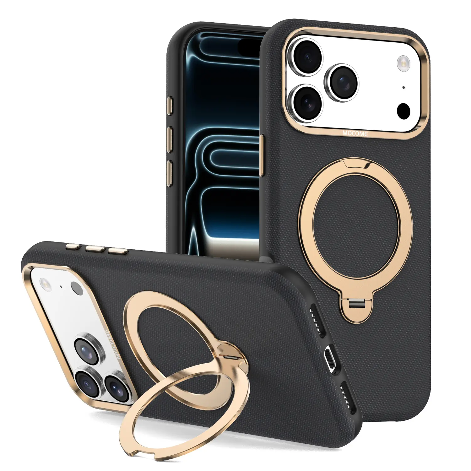 MagSafe Compatible Smartphone Casing for iPhone 17/16/15/14/13 Pro Max, Premium Textured Carbon Fiber Back with Gold Accent, 360° Rotatable Metal Ring Stand, Military Grade Shockproof Handheld Cellphone Device Cover, Anti-Slip Grip, Camera Lens Protection