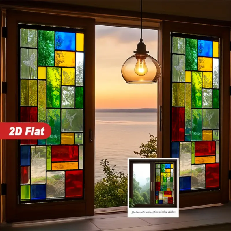 2D Flat Static Cling Stained Glass Rectangular Ornament Home Decor For Living Room And Bedroom Removable