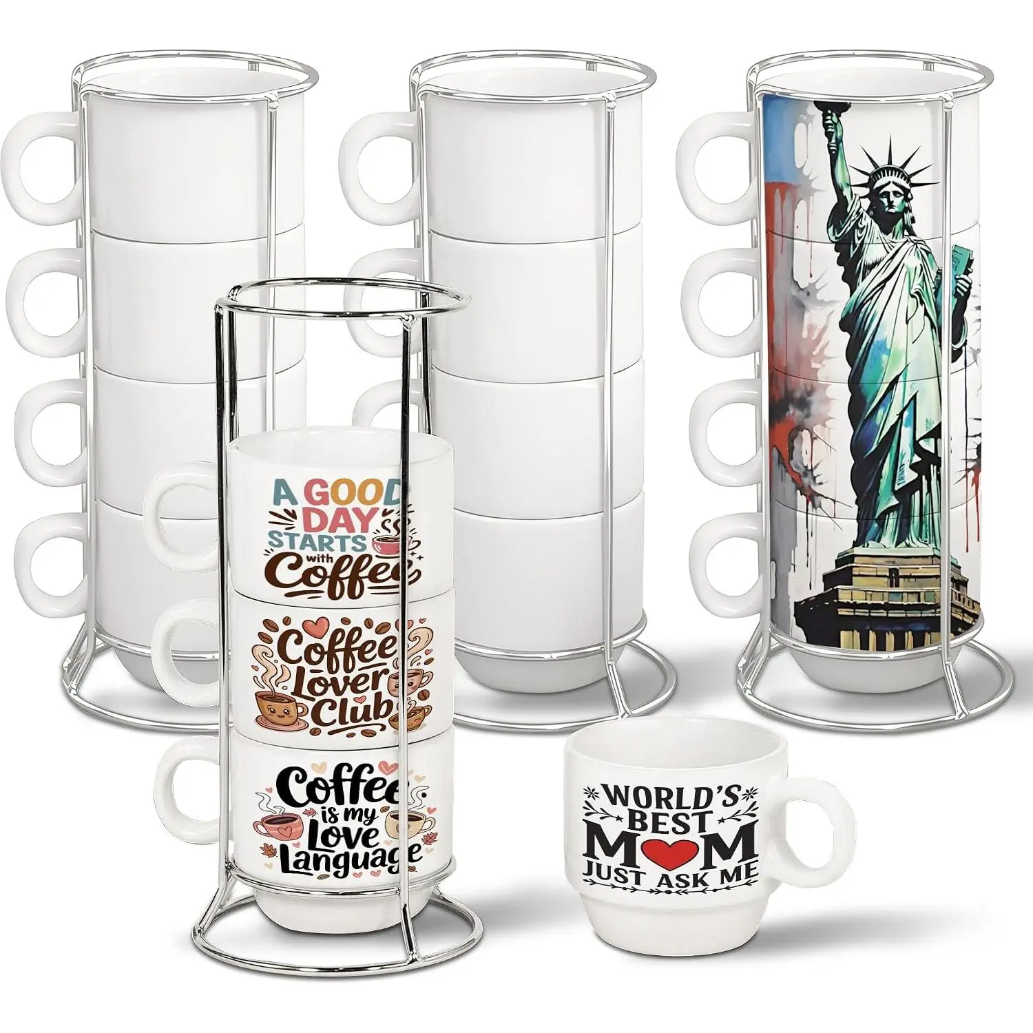 6oz Sublimation Coffee Mugs Set of 4, Blank Stackable Coffee Mugs with Rack Porcelain Stackable Cappuccino Cups with Metal Stand for Coffee, , Cocoa, Milk (4 Set of 16 count Mugs)