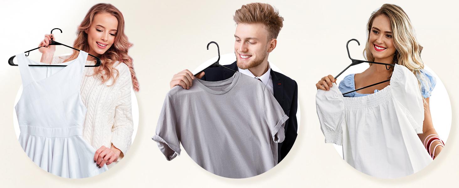 Black Plastic Hangers 50 Pack, Plastic Clothes Hangers with Built-in Hooks, Durable and Strong Plastic Coat Hangers for Closet, Space Saving Clothing Hanger for Shirts, Coats, Skirt, Dress