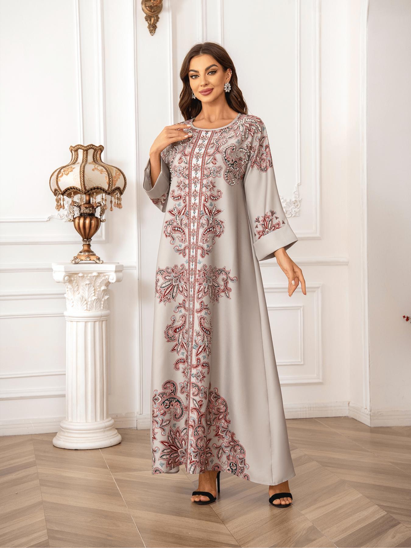 Elegant Boho Muslim Women's Long Robe, All over Print, Loose-Fitting, Round Neck, Flap Sleeves, Long Sleeve, All Seasons