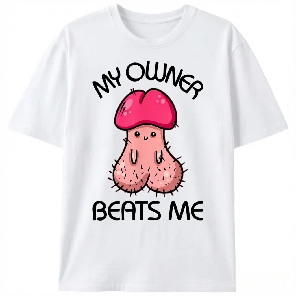 My Owner Beats Me Funny Meme Graphic Tee |       Edgy Shock Humor Casual Top |       Parody Satire T-Shirt