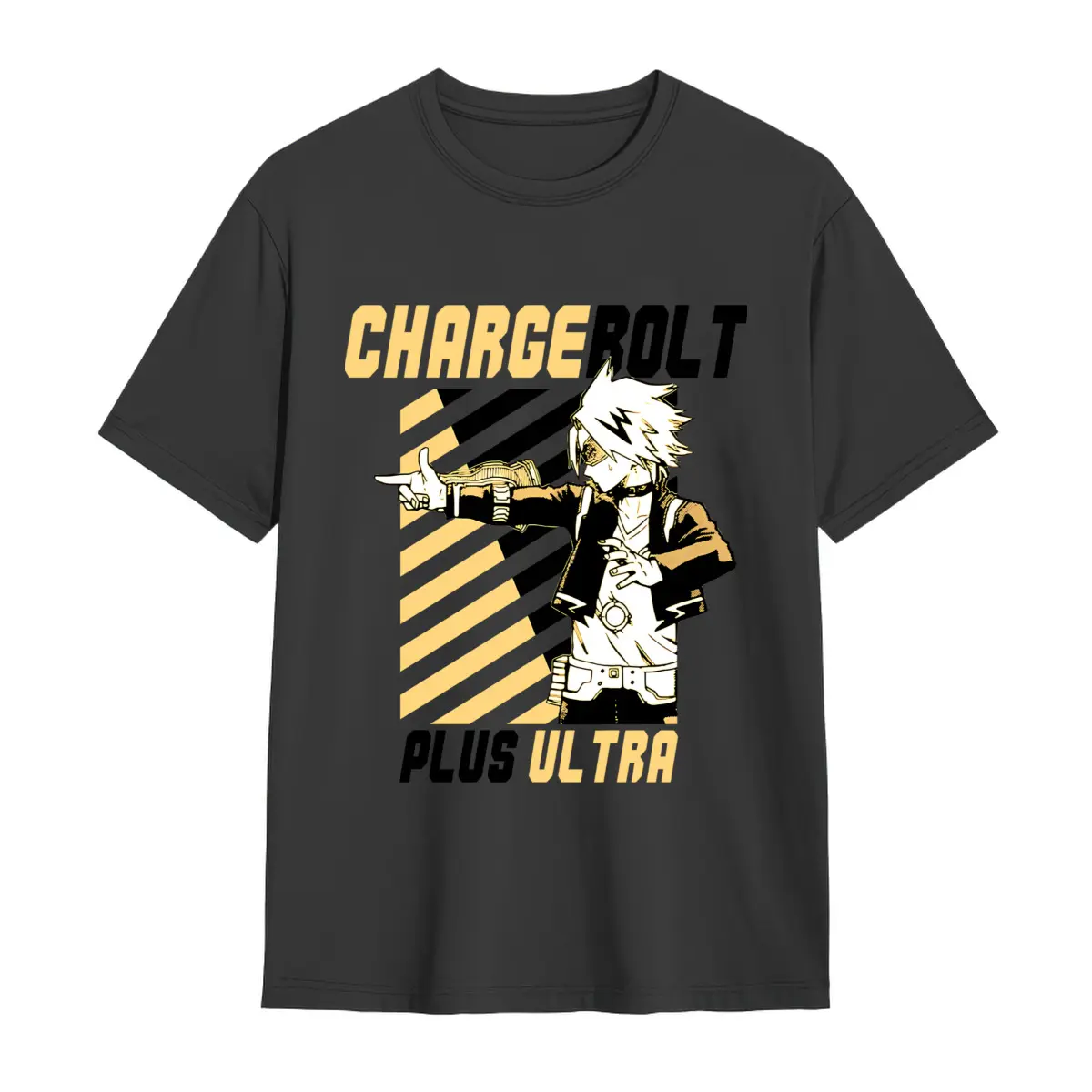 1Pc Denki Kaminari Charge Bolt Plus Ultra Graphic T-Shirt - Made in Usa, White with Yellow & Black Geometric Stripes, Modern Unisex Fit, Pre-Shrunk Cotton, Anime-Inspired Casual Tee for Adults, Everyday Outfit, Bold Print, Highquality Print, Anime Shirt,