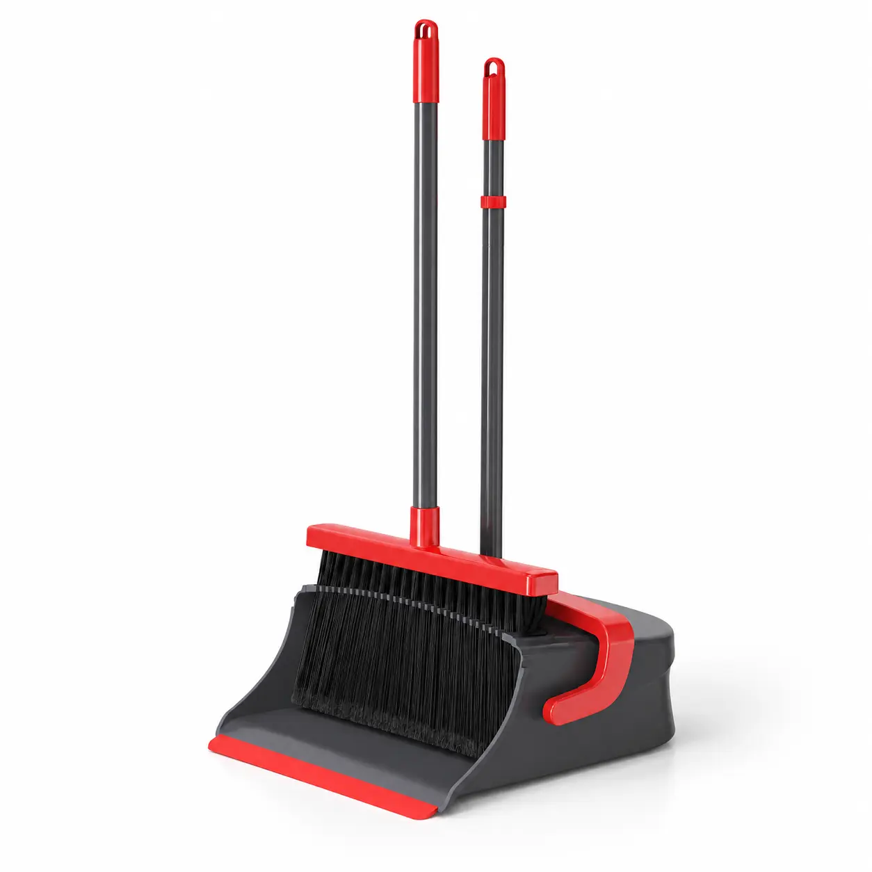 Adjustable Metal Broom and Dustpan Set Combo, Long-Handle Upright Standing Self-Cleaning Tool for Pet Hair & Dust, Indoor/Outdoor Use for Home, Kitchen, Red & Gray