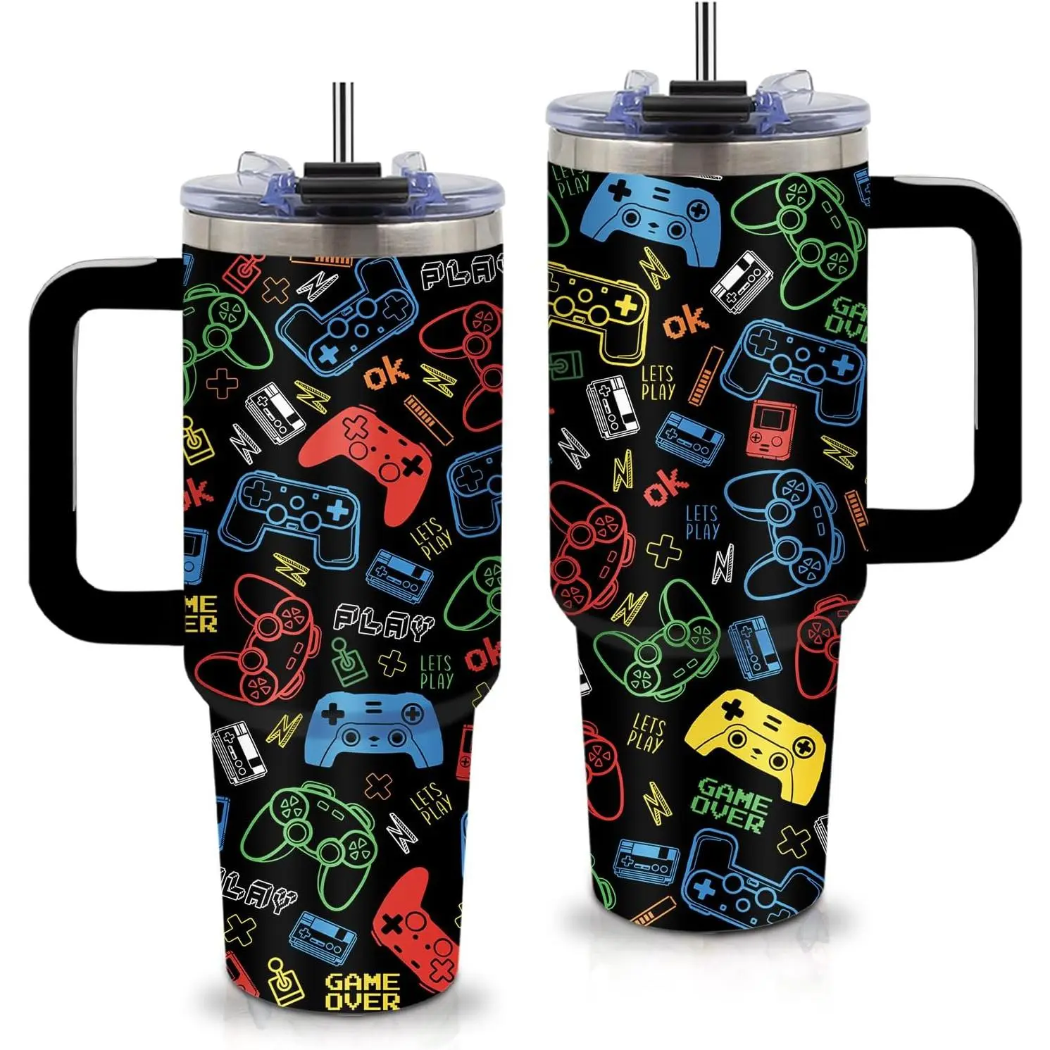 Gifts for Gamer - 40oz Game Tumbler with Straw and Handle, Leak-proof, Stainless Steel Insulated Tumblers, Travel Coffee Mug for Games Lovers Boys, Video Games Enthusiasts Gift Cup for Girls