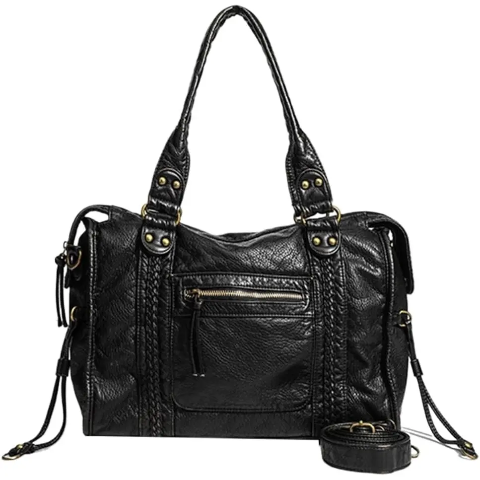 Women's Washed Synthetic Crossbody Bag - Rivet Accent, Slouchy Shoulder Bag, Cross Body Purse with Top Handle, Adjustable Strap, 2 Open Small Pockets, Festive Party Gift for Daily Use