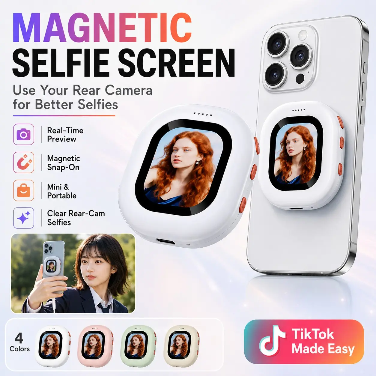 T40 Magnetic Phone Selfie Monitor, Wireless Screen Mirroring Display, Rear Camera Vlog, Live Streaming, Outdoor Shooting, Cellphone Selfie Accessory