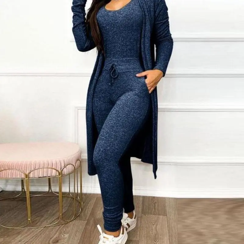 HS New Autumn Winter Fashion Long Jumpsuit Long Cardigan Casual Set Long Sleeve