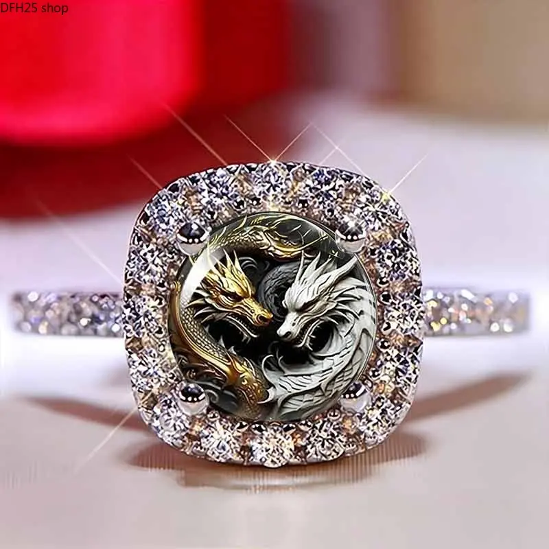 Double Dragon Statement Ring for Women and Men, Black Gold and Silver Intertwined Dragon Design with Crystal Halo, Unisex Jewelry for Daily Wear and Gifts