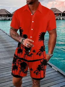 Tropical Graphic Palm Tree Print Men's Casual Set, Short Sleeve Blouse and Shorts, Summer Beach Vacation, Two-Piece Ensemble