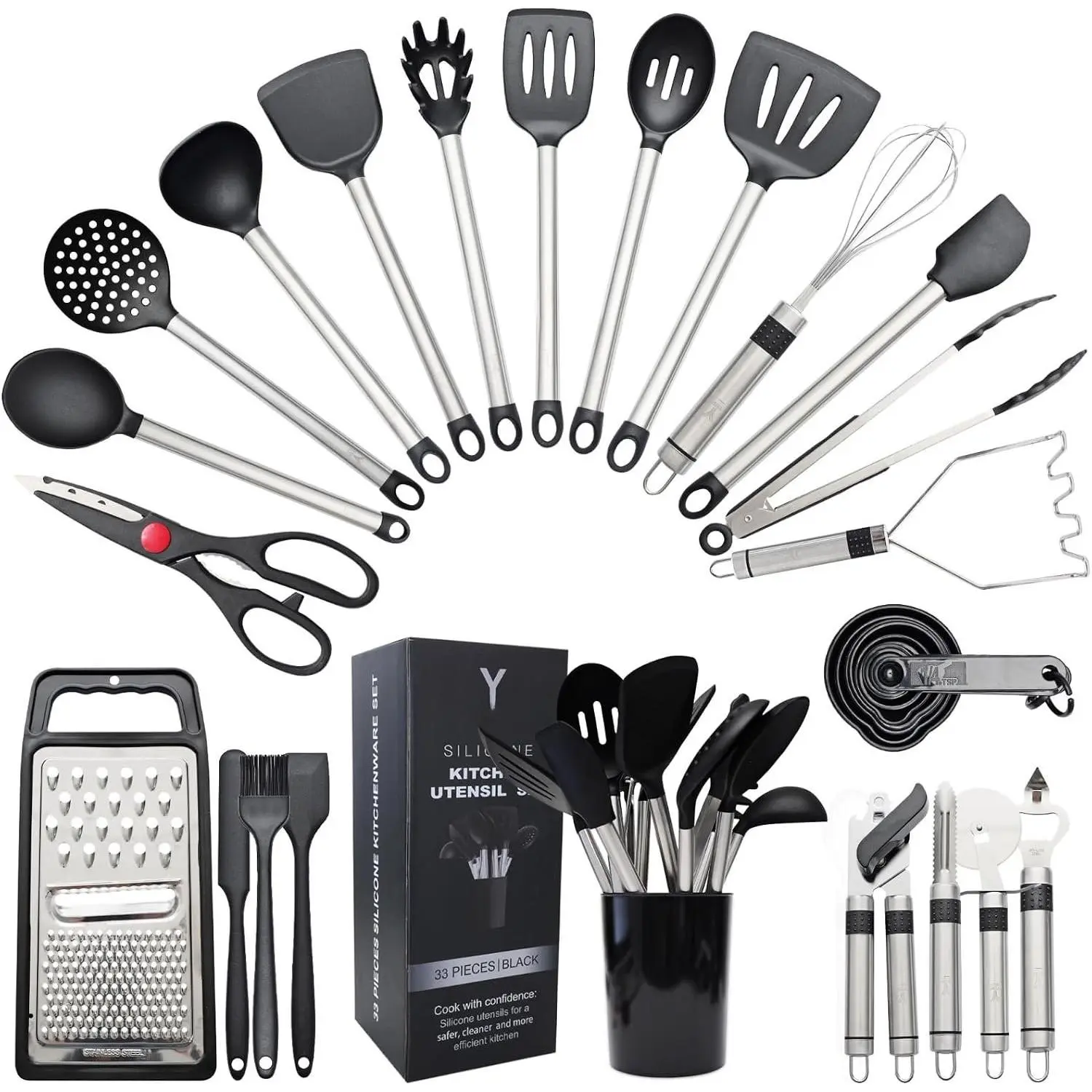 Kitchen Utensils Set 33 count Heat Resistant  Grade  Utensils Set for Cooking with Stainless Steel Handles  Kitchen Gadgets Tools Set with Holder Safe for Nonstick Cookware
