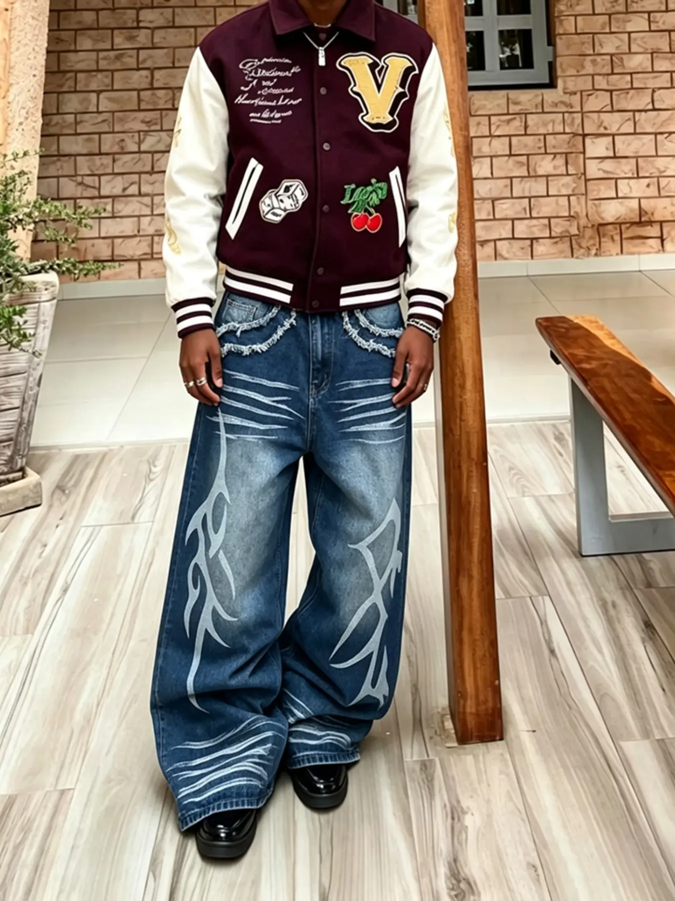 Men's Wide Leg Denim Jeans, Y2K Gradient Washed Flame Thorns Print, Loose Fit Ankle Length, Button Fly, Casual Street Style, All Seasons
