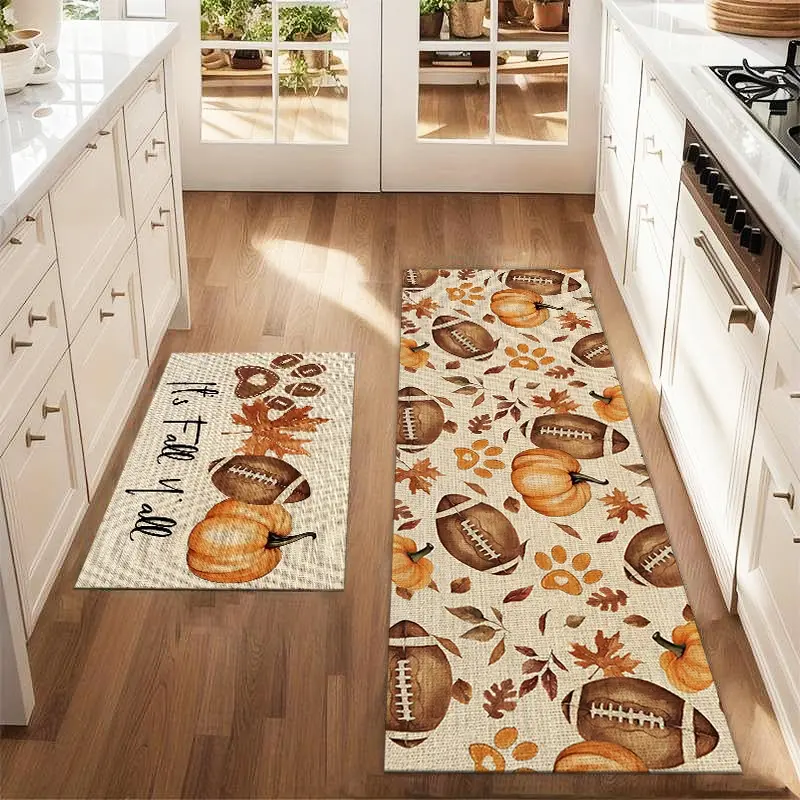 2 Pcs Autumn Pumpkin Football Maple Leaf Floor Mat Set, Farmhouse Rugs for Kitchen & Dining Room, Laundry Room Decor, Household Decorative Rug